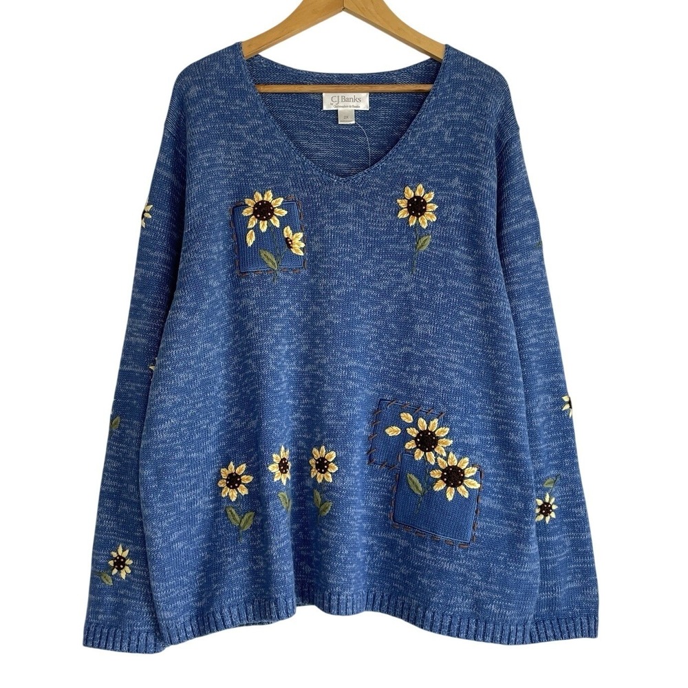 VTG CJ Banks Hand Embroidery Sunflower Knit Sweater 2X‎ 3D Patchwork Cottagecore